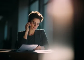 Accountant reviewing tax documents while answering a client call during peak tax season