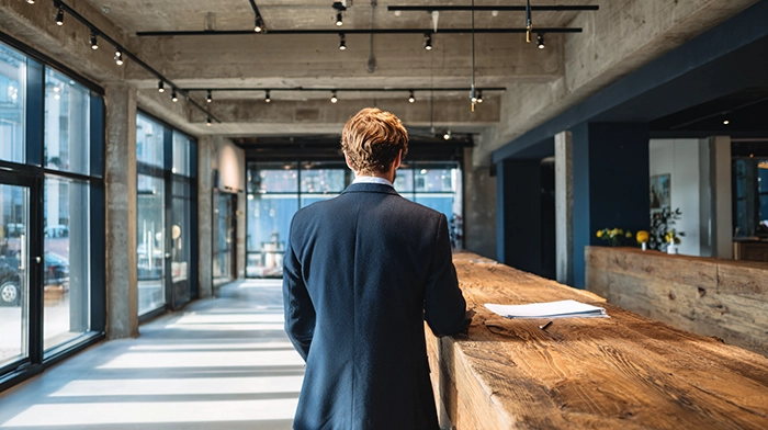 Virtual Mailbox vs Virtual Office- When to Upgrade Your Business Address | Alliance Virtual Offices Businessman in dark suit standing at a wooden reception desk in a modern office lobby with concrete walls and large windows