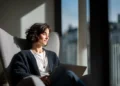 Healthcare professional relaxing in modern office chair by sunny window, running a private practice without a traditional clinical lease using a virtual office
