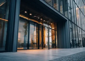 Clean modern office building exterior at street level — illustrating why using a professional business address instead of a home address for your LLC matters