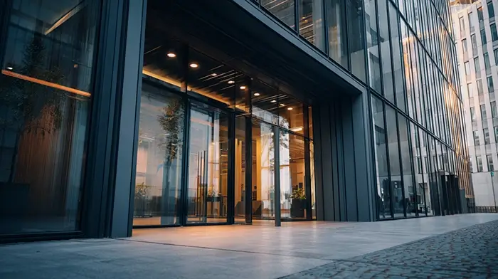 Clean modern office building exterior at street level — illustrating why using a professional business address instead of a home address for your LLC matters