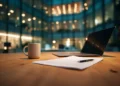 Professional desk with laptop, documents, pen, and coffee mug in a modern office building at night, representing a CPA's organized workspace during tax season