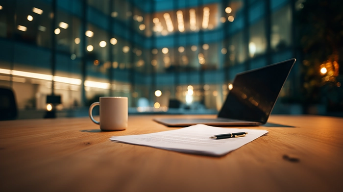 Accounting Answering Service- A CPAs Tax Season Guide | Alliance Virtual Offices Professional desk with laptop, documents, pen, and coffee mug in a modern office building at night, representing a CPA's organized workspace during tax season