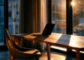 Laptop open on a wooden desk by floor-to-ceiling windows at dusk representing after-hours business availability with a virtual receptionist