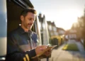 Contractor checking a tablet beside his work van on a residential street at golden hour