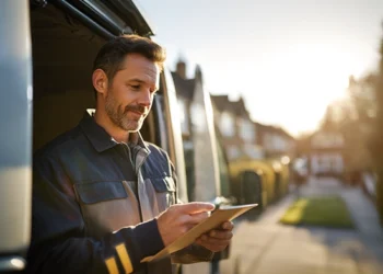 Contractor checking a tablet beside his work van on a residential street at golden hour