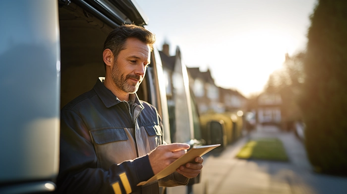 Answering Service for Plumbers HVAC Contractors | Alliance Virtual Offices Contractor checking a tablet beside his work van on a residential street at golden hour