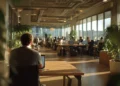 Professional working on a laptop in a sunlit coworking space with plants, shared desks, and other members collaborating in the background.