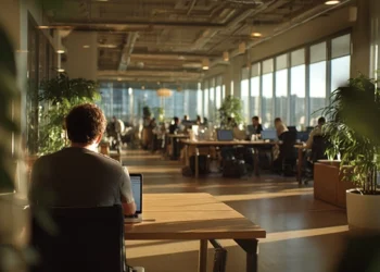 Professional working on a laptop in a sunlit coworking space with plants, shared desks, and other members collaborating in the background.