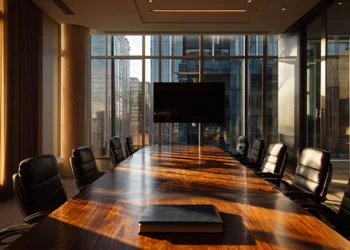 Professional conference room with a polished wood table, black leather chairs, a wall-mounted screen, and floor-to-ceiling windows overlooking a city skyline at golden hour.