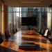 Professional conference room with a polished wood table, black leather chairs, a wall-mounted screen, and floor-to-ceiling windows overlooking a city skyline at golden hour.