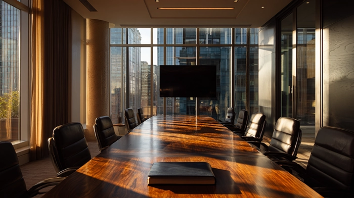 Conference Room Rental Checklist for Law Firms | Alliance Virtual Offices Professional conference room with a polished wood table, black leather chairs, a wall-mounted screen, and floor-to-ceiling windows overlooking a city skyline at golden hour.