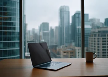 Laptop and coffee mug on a wooden desk in a high-rise office with a panoramic city skyline view through floor-to-ceiling windows on a cloudy day