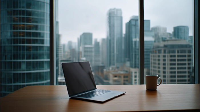 Davinci Virtual Office Review- Features Pricing Complaints | Alliance Virtual Offices Laptop and coffee mug on a wooden desk in a high-rise office with a panoramic city skyline view through floor-to-ceiling windows on a cloudy day