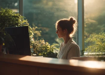 HIPAA Medical Answering Service- 2026 Buyers Guide | Alliance Virtual Offices Receptionist working at a front desk with a computer monitor, surrounded by indoor plants and warm natural light.