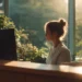 Receptionist working at a front desk with a computer monitor, surrounded by indoor plants and warm natural light.