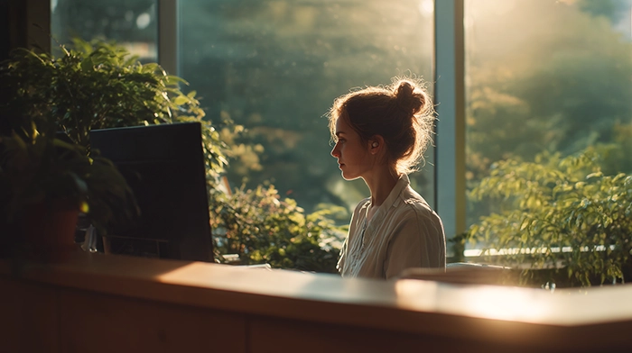HIPAA Medical Answering Service- 2026 Buyers Guide | Alliance Virtual Offices Receptionist working at a front desk with a computer monitor, surrounded by indoor plants and warm natural light.