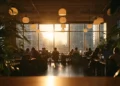 Professionals working in a modern coworking space during golden hour with city skyline views through floor-to-ceiling windows
