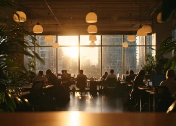 Professionals working in a modern coworking space during golden hour with city skyline views through floor-to-ceiling windows