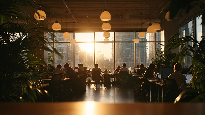 How Much Does a Coworking Membership Cost_ Pricing Guide for 2026 | Alliance Virtual Offices Professionals working in a modern coworking space during golden hour with city skyline views through floor-to-ceiling windows