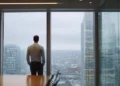Businessman standing at floor-to-ceiling windows in a high-rise meeting room overlooking a city skyline