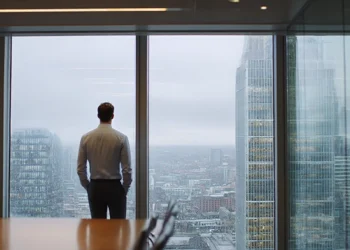 Businessman standing at floor-to-ceiling windows in a high-rise meeting room overlooking a city skyline