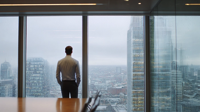 How to Book Meeting Rooms in the UK and Canada | Alliance Virtual Offices Businessman standing at floor-to-ceiling windows in a high-rise meeting room overlooking a city skyline