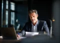 Business professional reviewing financial documents at a laptop in a modern office while building business credi