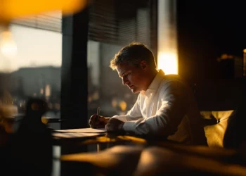 Businessman reviewing documents at a desk during golden hour with warm light coming through office blinds