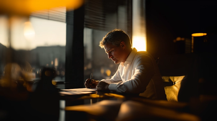 How to Structure Your REI Business for Lender Credibility in 2026 | Alliance Virtual Offices Businessman reviewing documents at a desk during golden hour with warm light coming through office blinds