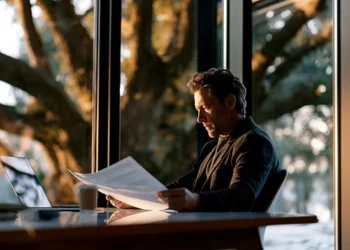 Business owner reviewing financial documents at a desk with laptop near large windows, researching PAYDEX score and business credit reports