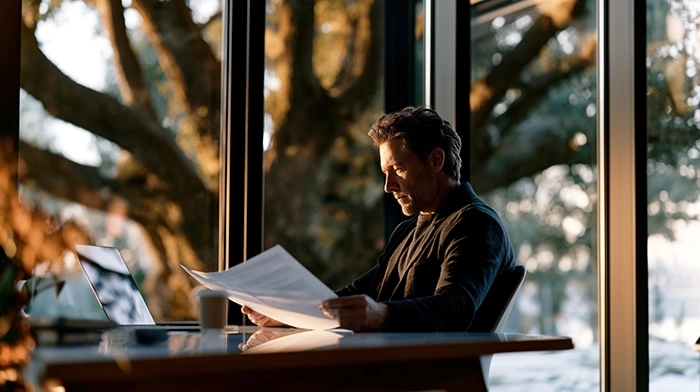 PAYDEX Score Explained- How DB Grades Your Business Credit and How to Reach 80+ | Alliance Virtual Offices Business owner reviewing financial documents at a desk with laptop near large windows, researching PAYDEX score and business credit reports