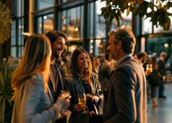 Professionals networking and socializing at a business event, illustrating tips for making World Cup 2026 work for your business
