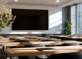 Professional training room with classroom-style seating, large presentation screen, and modern décor available for hourly rental