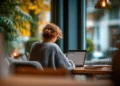 Remote worker using a laptop in a cozy café setting, representing digital nomads who use a virtual business address to work from anywhere