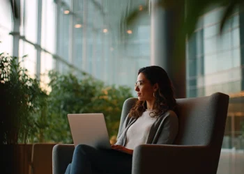 Woman working on a laptop in a modern office lounge with floor-to-ceiling windows and indoor plants