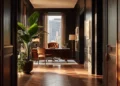 Executive private office space with dark wood paneling, herringbone floors, and a leather chair at a wooden desk overlooking a city view: ideal virtual office setting for LLC business owners