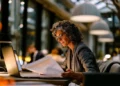 Nonprofit professional reviewing documents at a laptop in a shared workspace