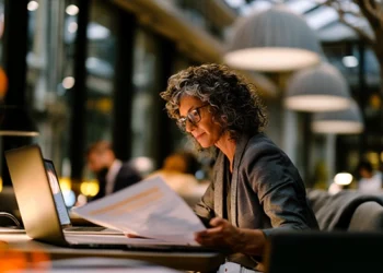 Nonprofit professional reviewing documents at a laptop in a shared workspace