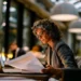 Nonprofit professional reviewing documents at a laptop in a shared workspace
