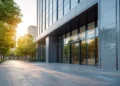 Professional office building entrance representing a business address for virtual office plans