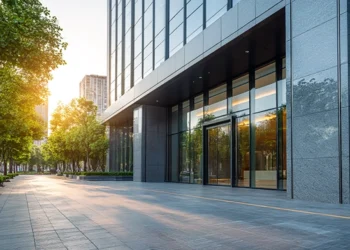 Professional office building entrance representing a business address for virtual office plans