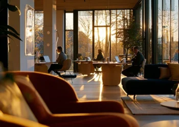 Professionals working at shared desks in a modern open-plan coworking space with floor-to-ceiling windows and flexible seating areas for hot desking