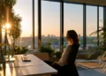 Woman wearing a headset working at a desk in a sunlit high-rise office, looking out over an Atlanta skyline at sunset with plants around her