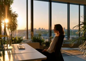 Answering Service Atlanta- Local Live Call Answering for GA Businesses | Alliance Virtual Offices Woman wearing a headset working at a desk in a sunlit high-rise office, looking out over an Atlanta skyline at sunset with plants around her
