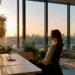 Woman wearing a headset working at a desk in a sunlit high-rise office, looking out over an Atlanta skyline at sunset with plants around her