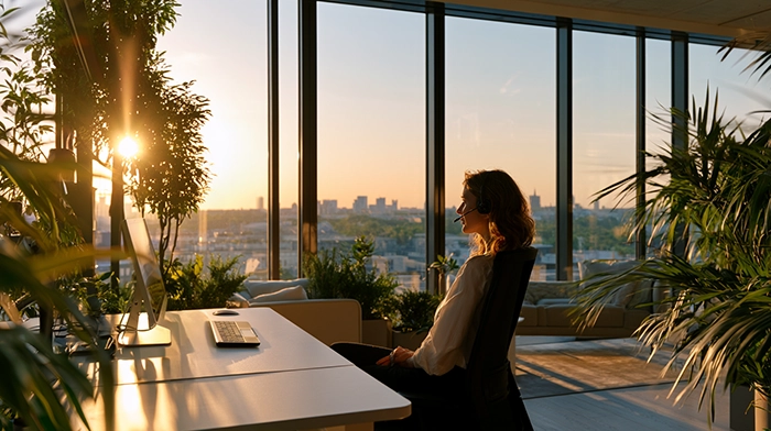 Answering Service Atlanta- Local Live Call Answering for GA Businesses | Alliance Virtual Offices Woman wearing a headset working at a desk in a sunlit high-rise office, looking out over an Atlanta skyline at sunset with plants around her