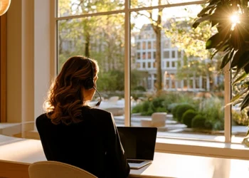 Answering Service Pricing- How Much Does a Business Live Answering Service Cost in 2026_ | Alliance Virtual Offices Woman wearing a headset working at a laptop by a large window, facing a sunlit garden and buildings in the late-afternoon light.