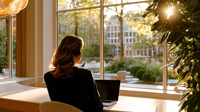 Answering Service Pricing- How Much Does a Business Live Answering Service Cost in 2026_ | Alliance Virtual Offices Woman wearing a headset working at a laptop by a large window, facing a sunlit garden and buildings in the late-afternoon light.