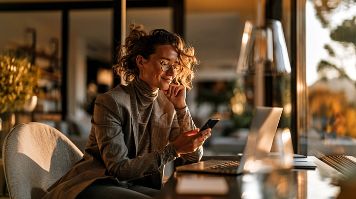 Best Business Phone Number Apps for Small Business in 2026 | Alliance Virtual Offices Woman in glasses and a blazer smiling as she looks at her smartphone while working at a laptop in a warmly lit home office at sunset